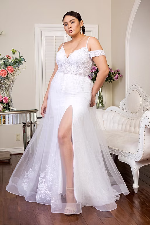 Off-the-shoulder long-sleeve wedding dress with slit Phoenix AZ - Strictly Weddings